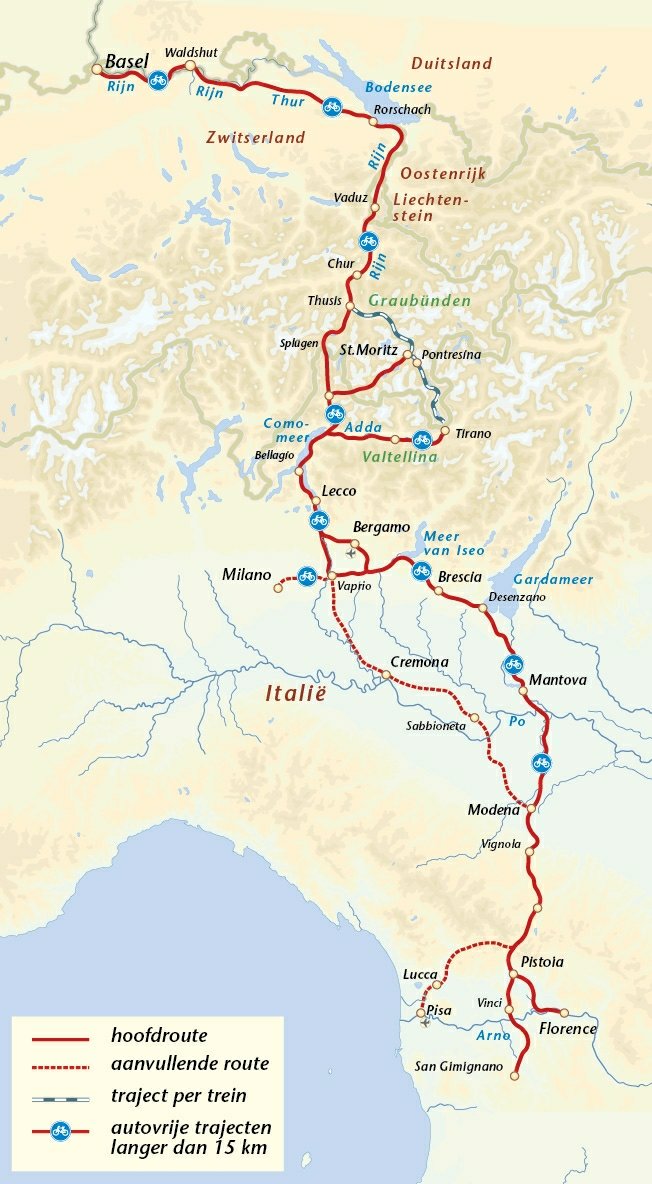 Routekaart naar Rome met het traject Porlezza–Firenze