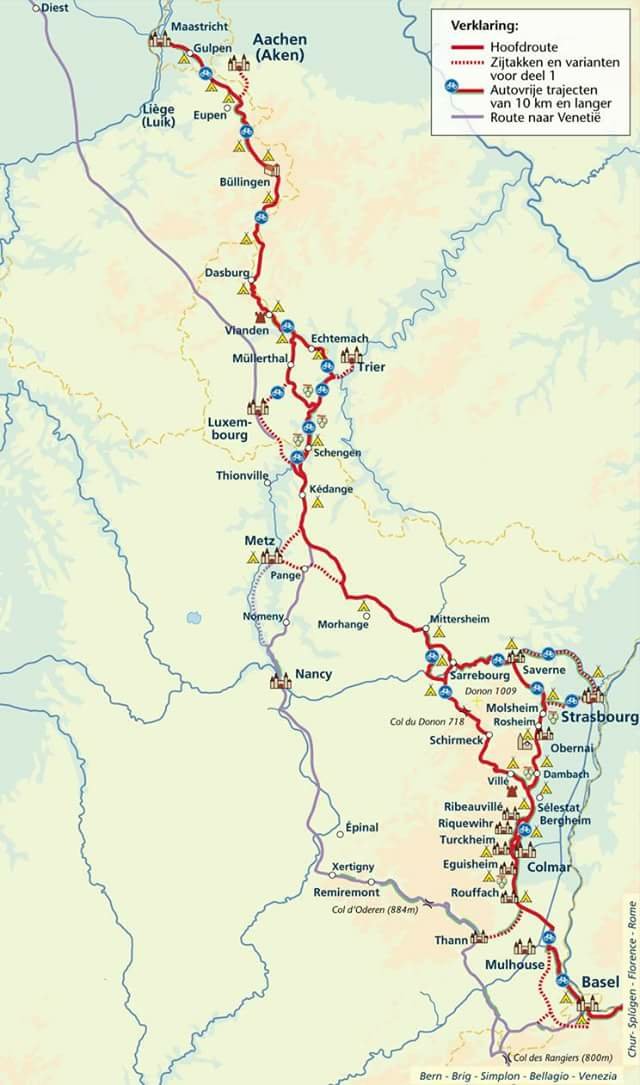Overzichtskaart van de fietsroute Maastricht–Basel van CyclingEurope