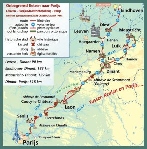 Kaart van de route voor fietsen van Leuven naar Parijs, inclusief steden en afstanden tussen verschillende locaties.