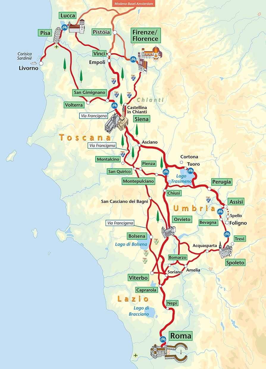 overzichtsroute kaart-met de verschillende alternatieven tussen Lucca Firenze Pisa Livorno naar Siena Assisi en Rome