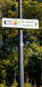 Directional sign for the Ruhr Valley Cycle Path, indicating 'Startpunkt' to the left and 'Innenstadt' to the right, with 'Ferienwelt Winterberg' branding.