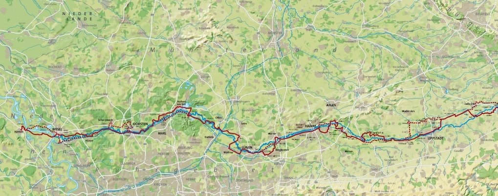 Map showing a detailed route along rivers and landscapes, marked with a red and blue line through various towns.
