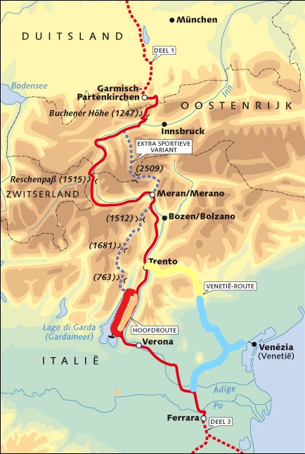 routekaart van Garmisch naar Trento fietstocht Zwolle-Bolsena-Rome