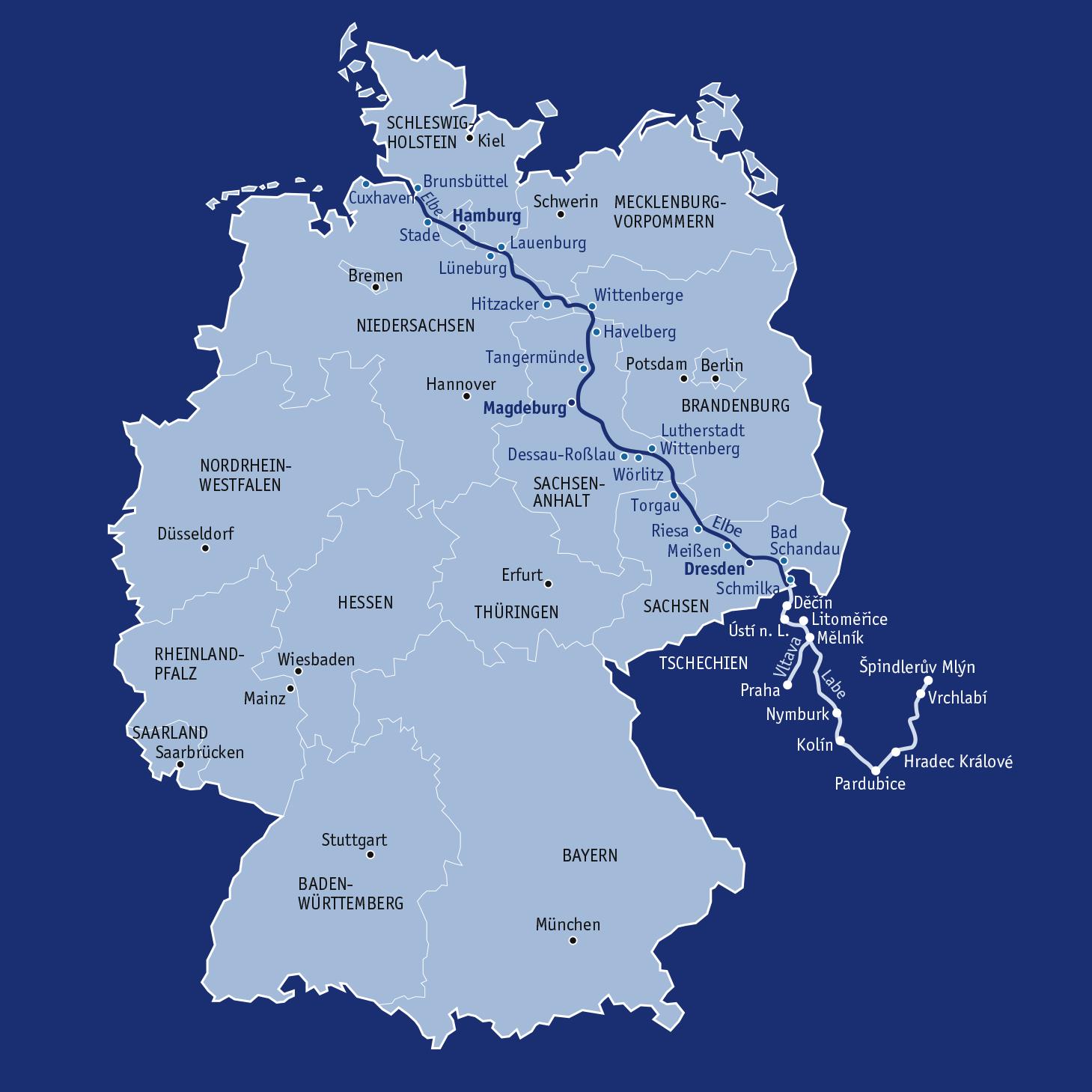 Kaart van de volledige Elberadweg door Duitsland en Tsjechië
