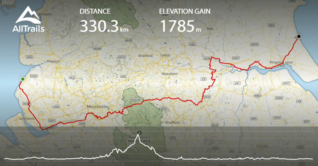 Map showing a route of 330.3 km with an elevation gain of 1785 m, highlighting various trails across the UK.