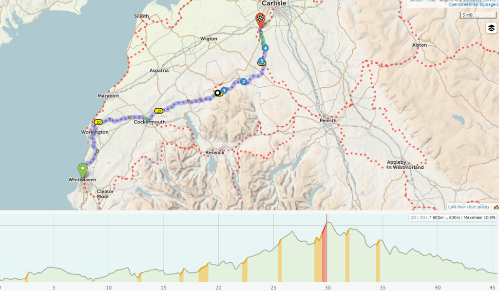 Map showing a route from Whitehaven to Carlisle with elevation profile at the bottom.
