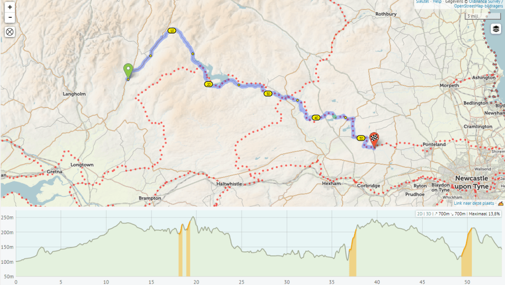 Map showing a route from Langholm to Newcastle upon Tyne, with elevation profile below.