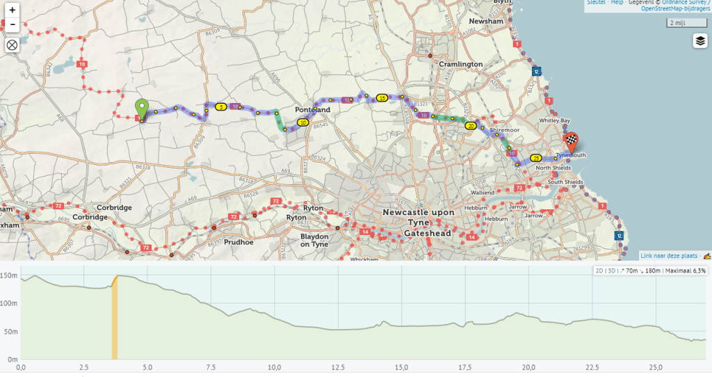 Map displaying a route from Ponteand to Tynemouth with elevation profile, showing various waypoints and geographical features.