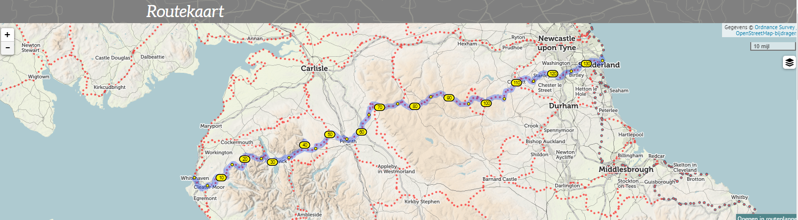Routekaart van de Sea-to-Sea C2C tussen Whitehaven en Sunderland