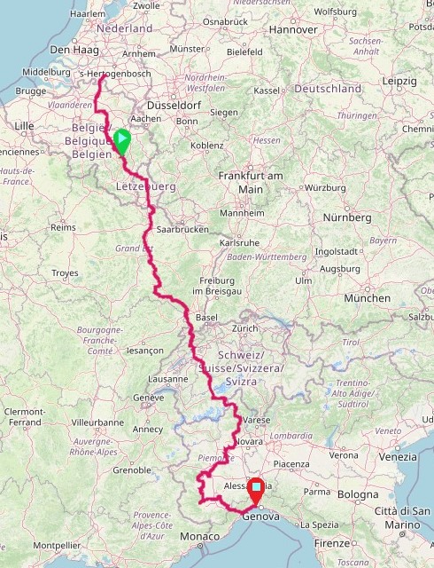 Map showing a route from The Hague in the Netherlands to Genoa in Italy with highlighted pathways.