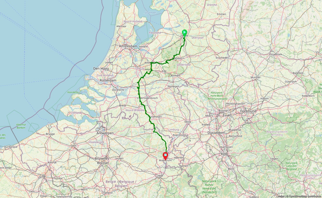 Routekaart van de fietstocht Zwolle naar Maastricht
