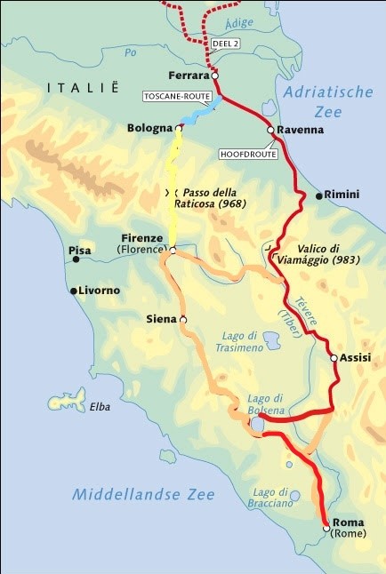 routekaart van het laatste deel Zwolle-Bolsena-Rome van Ferrara via Lago di Bolsena naar Rome