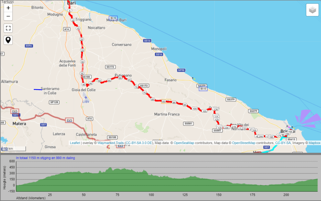 Map showing a route from Bari along the coast, including road markers and elevation profile.
