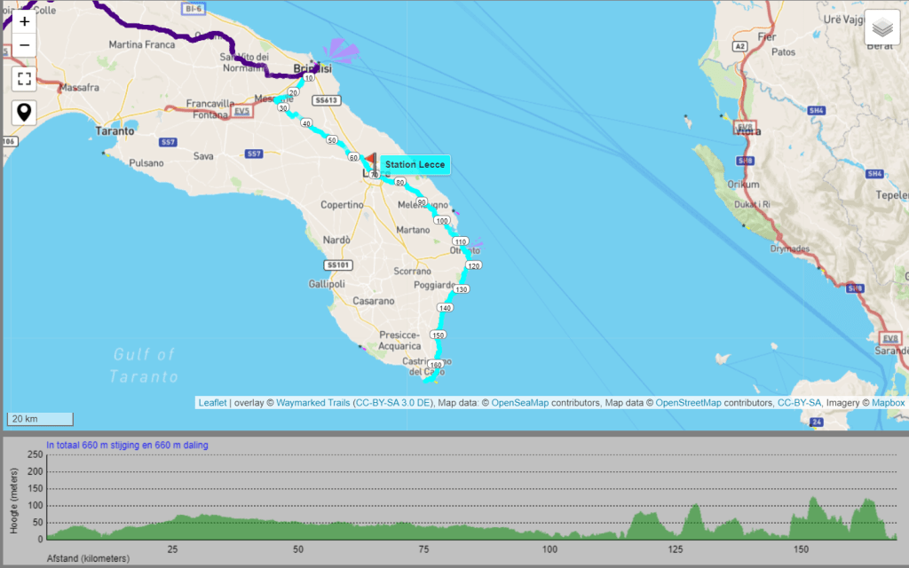 Map of the Italian coastline near Lecce, showing routes and elevation profile for a cycling trail.