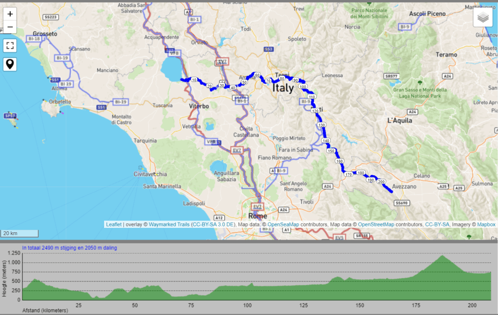 A detailed map of Italy showing a highlighted route with elevation profile below.