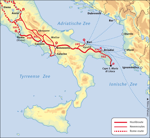 Map of southern Italy showing the main routes, including the Hoofdroutes and Nevenroutes, with labeled cities such as Rome, Bari, and Brindisi.