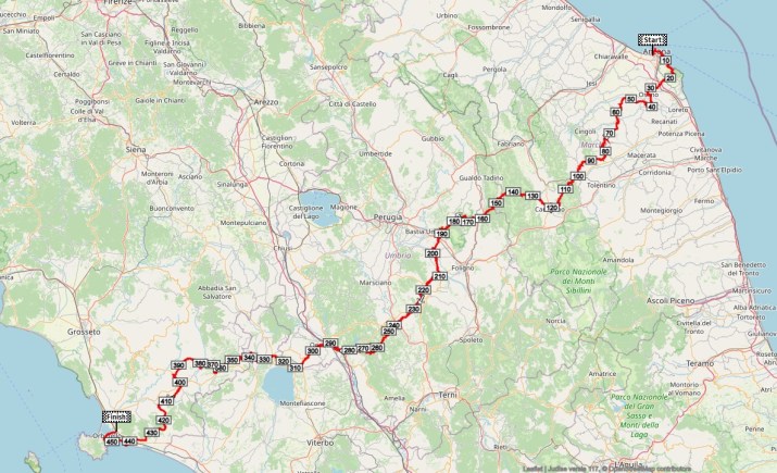 routekaart met afstanden van Ancona tot Orbetello Italia Coast to Coast in Bicicletta