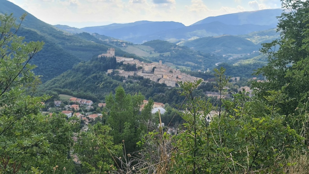 A panoramic view of a hillside village surrounded by mountains and greenery, with a historic building and tower in the distance.