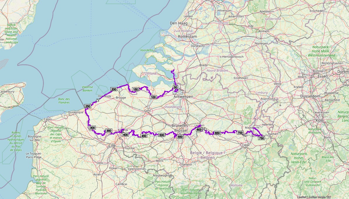 routekaart van de fietsroute Vlaanderen Bóven! met afstanden