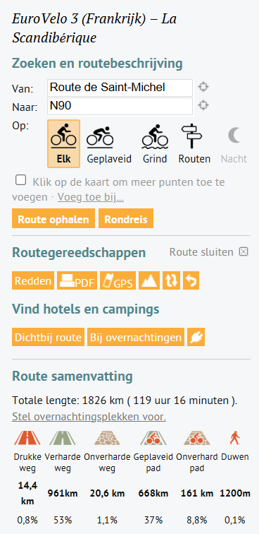 Interface voor het plannen van de EuroVelo 3-fietsroute in Frankrijk, met opties voor het ophalen van routes, informatie over routegereedschappen en een samenvatting van de route.