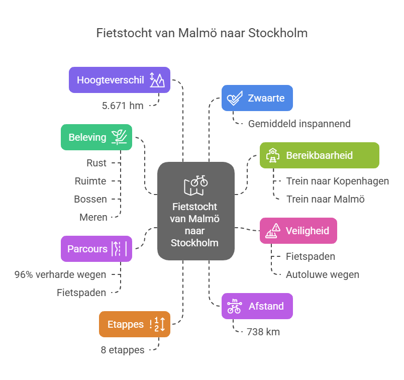 Infographic about cycling from Malmö to Stockholm, highlighting elevation difference, experience, accessibility, safety, route quality, stages, and distance.