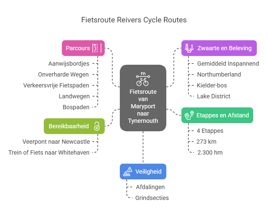 Infographic illustrating the Fietsroutes Reivers Cycle Routes from Maryport to Tynemouth, including details on routes, accessibility, stages, distance, and safety.