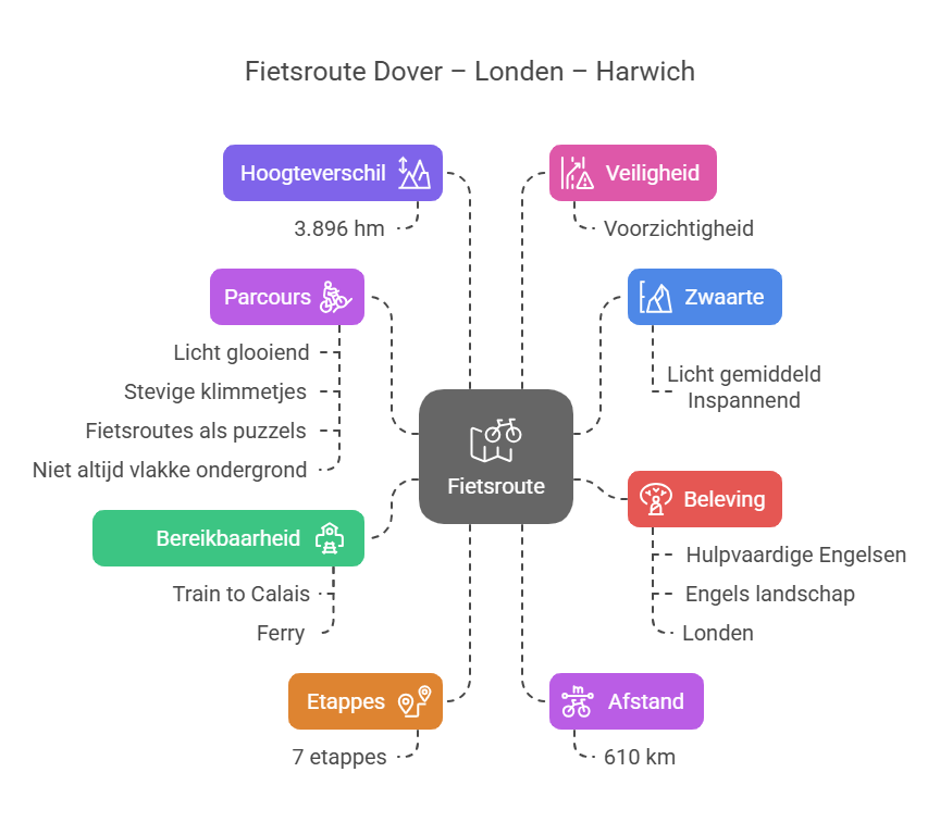 Infographic van de Fietsroute van Dover naar Londen en Harwich, met info over hoogteverschillen, parcours, veiligheid, zwaarte, bereikbaarheid, etappes, beleving en afstand.