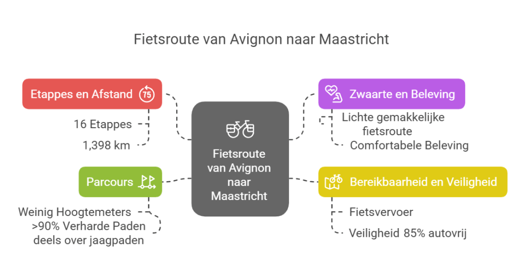 Infographic about the cycling route from Avignon to Maastricht, including sections on stages and distance, course details, difficulty and experience, and accessibility and safety.