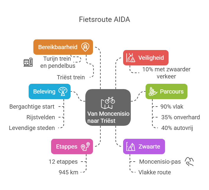 Infographic over de Fietsroute AIDA van Turijn naar Triëst, met secties over bereikbaarheid, veiligheid, beleving, parcours, etappes en zwaarte.