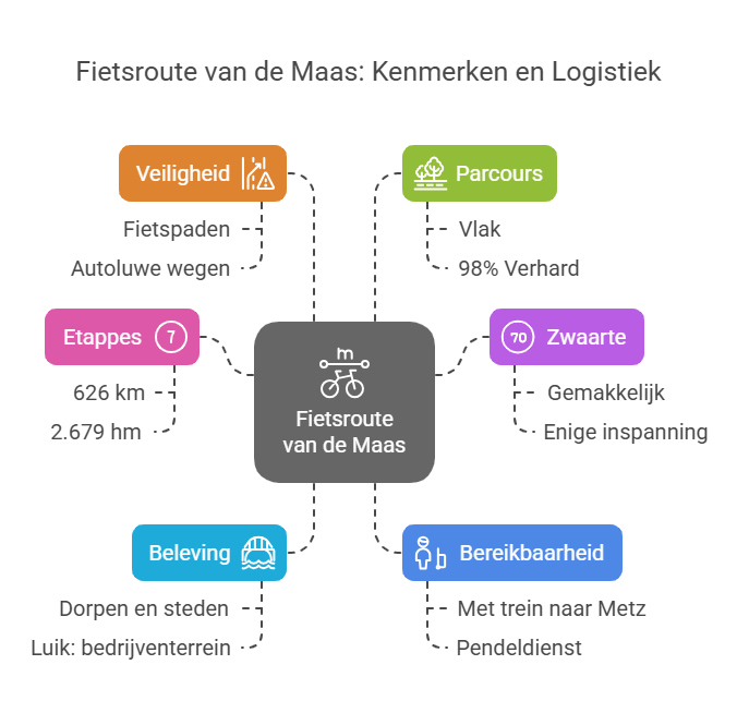 Infographic about the Fietsroutes van de Maas, detailing safety, route features, stages, difficulty, accessibility, and experiences associated with the cycling route. Bron van de Maas