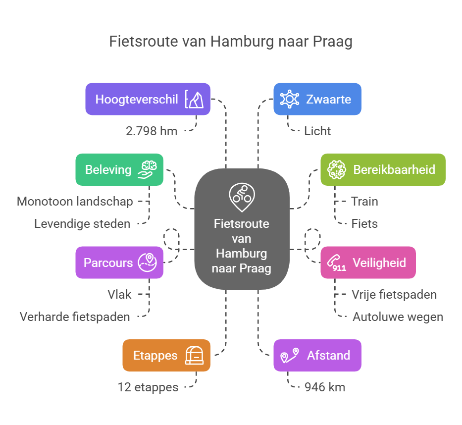 Visueel overzicht van de kenmerken van de fietsroute van Hamburg naar Praag via de Elberadweg