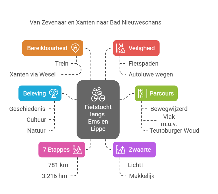 Infographic detailing a cycling route from Zevenaar and Xanten to Bad Nieuweschans, featuring categories such as accessibility, safety, experience, route details, stages, and difficulty.