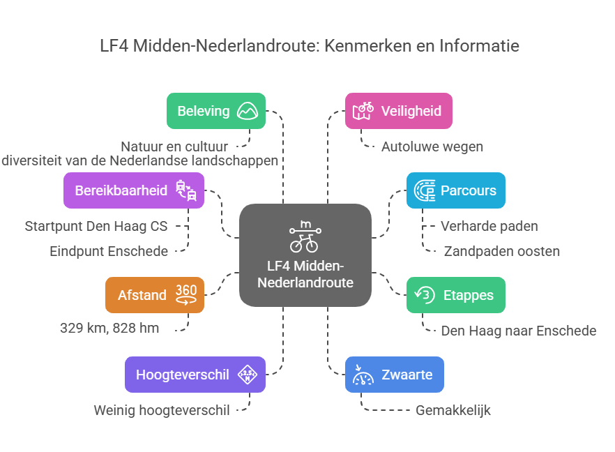 Infographic about the LF4 Midden-Nederlandroute featuring key characteristics and information such as experience, accessibility, safety, route details, distance, elevation, and difficulty level.