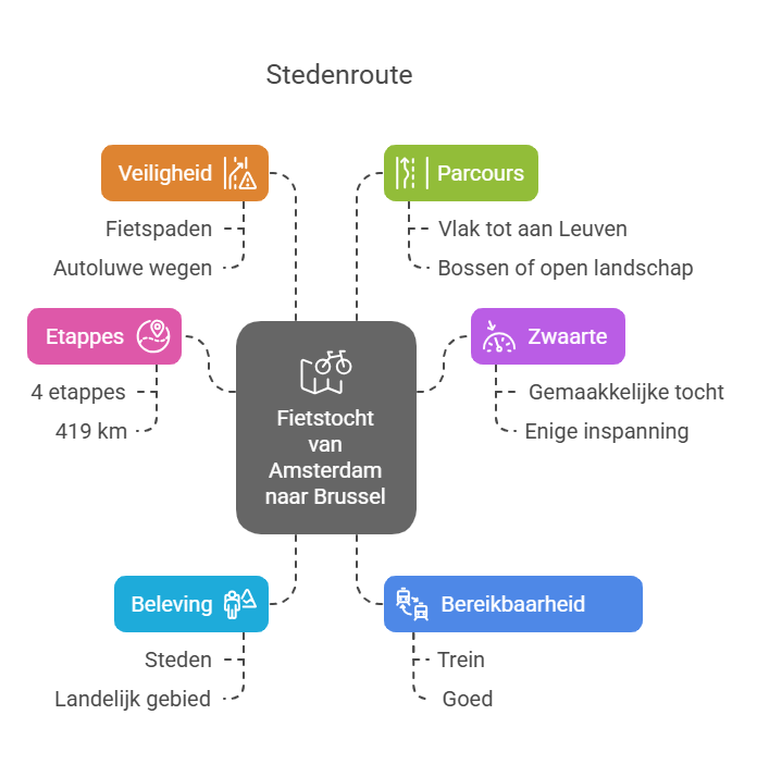 Infographic depicting the cycling route from Amsterdam to Brussels, highlighting key factors like safety, route characteristics, stages, difficulty, experience, and accessibility.