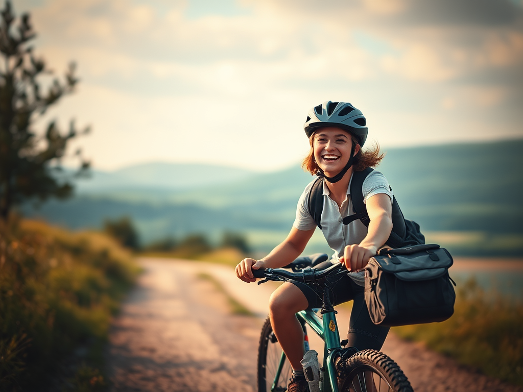 Een jonge fietser met een helm rijdt ontspannen op een zandpad met een rugzakje en een fietstas, omringd door groene heuvels en een blauwe lucht.