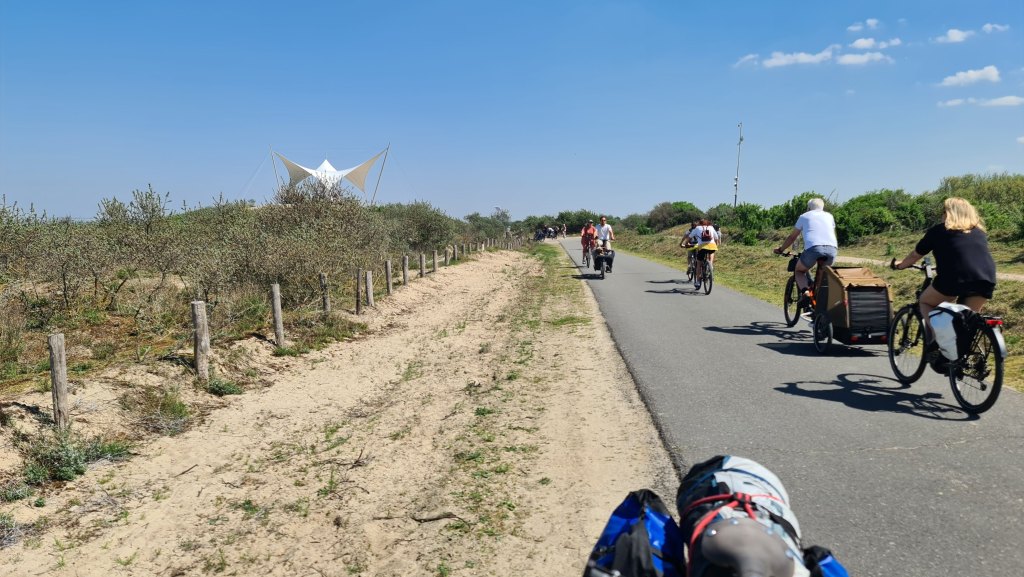 A group of cyclists riding along a path lined with wooden posts and greenery under a clear blue sky.