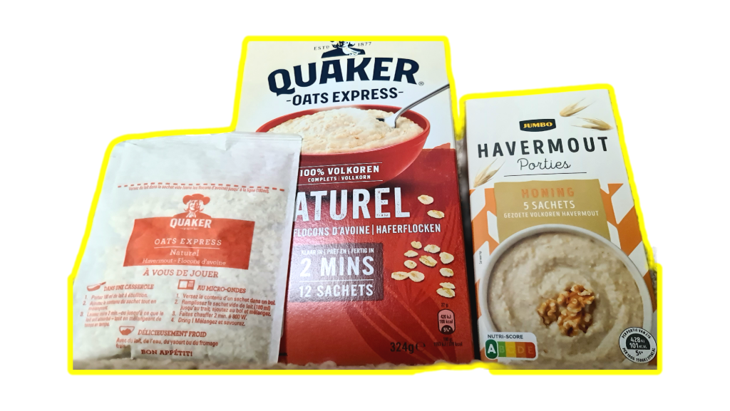 Verpakkingen van havermout van Quaker en Jumbo, met verschillende smaken en bereidingsinstructies.