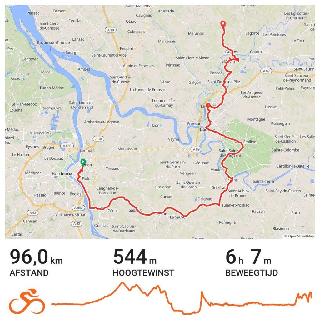 Kaart van de fietstocht van Bordeaux met afstand, hoogte en beweegtijd.