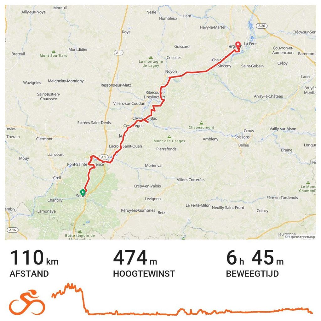 Een kaart met een rode lijn die een fietstocht van 110 km en 474 meter hoogteverschil laat zien, met details over de afstand en de bewegingsduur.