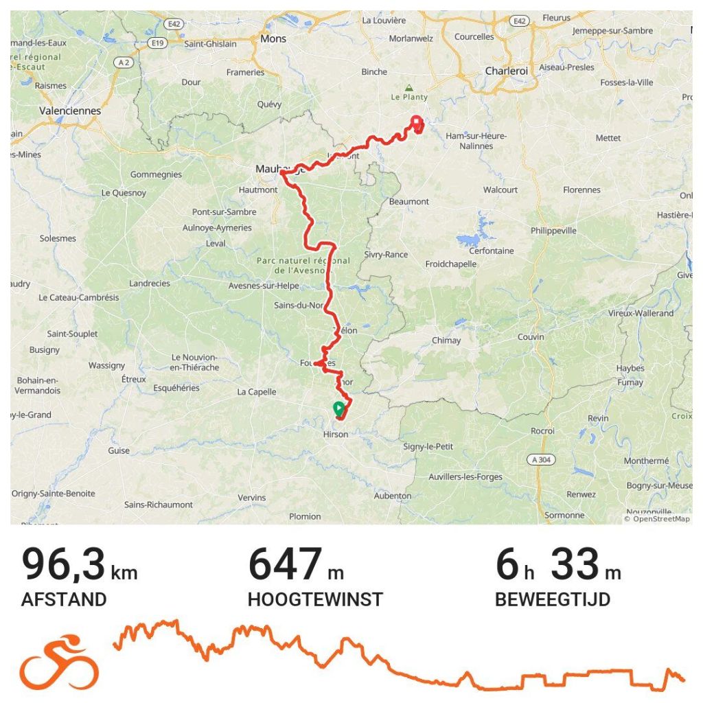 Kaart van een fietstocht door de regio Avesnois met afstanden en hoogteverschillen.