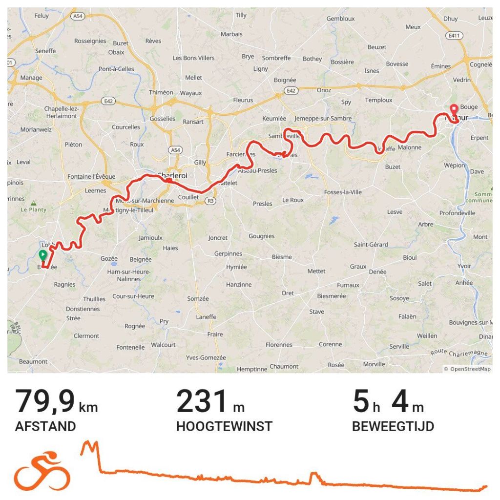 Een kaart met een rode route die 79,9 km aflegt, met 231 m hoogteverschil en een totale fietstijd van 5 uur en 4 minuten.