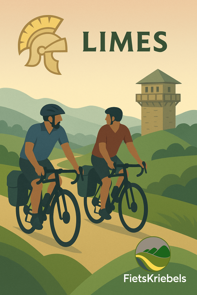 Illustration of two cyclists riding along a path near a Roman-style watchtower, with the word 'LIMES' prominently displayed, representing a biking adventure through historical landscapes.