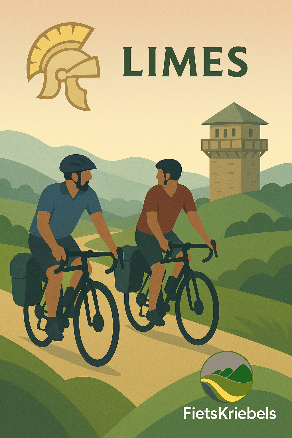 Two cyclists riding on a scenic path with rolling hills, one wearing a helmet and blue shirt, the other in a brown shirt. A historic tower is visible in the background, and the word 'LIMES' is prominently displayed above.