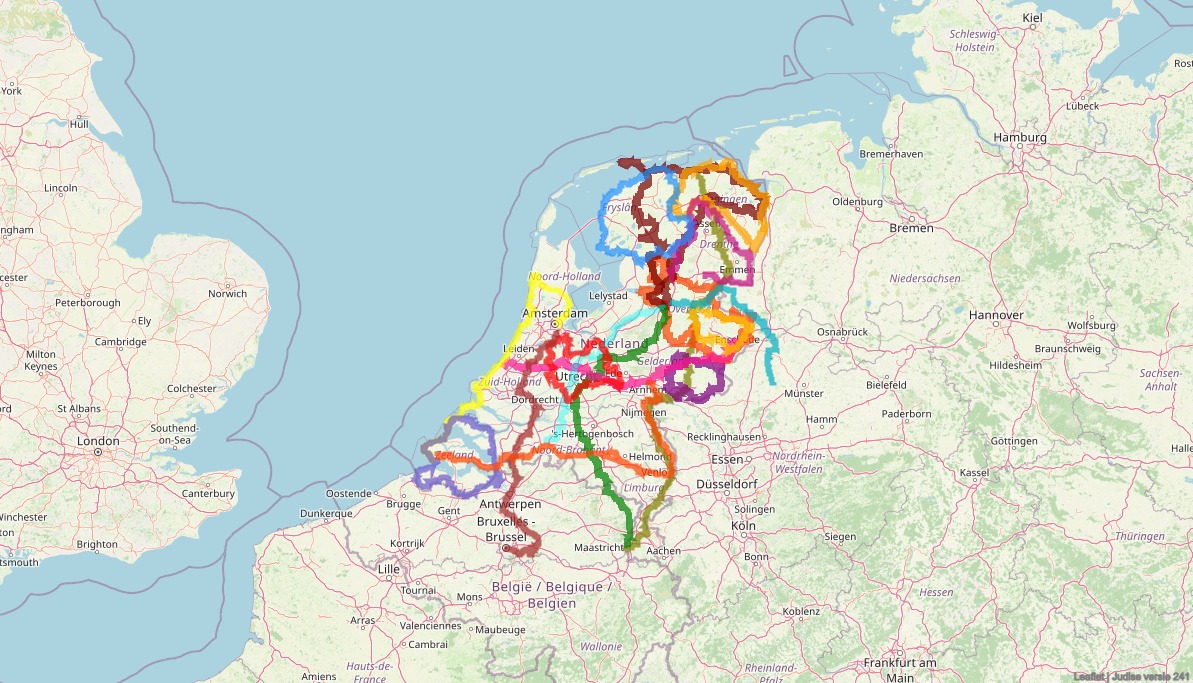Map showing various colored routes and geographical features across parts of the Netherlands, Belgium, and Germany.