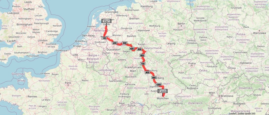 Beter naar Beieren via de routekaart die hier wordt afgebeeld inclusief km standen