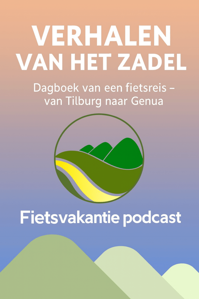 Cover van de Fietsvakantie Podcast 'Verhalen van het Zadel', met de tekst 'Dagboek van een fietsreis - van Tilburg naar Genua' op een kleurrijke achtergrond met groene heuvels.