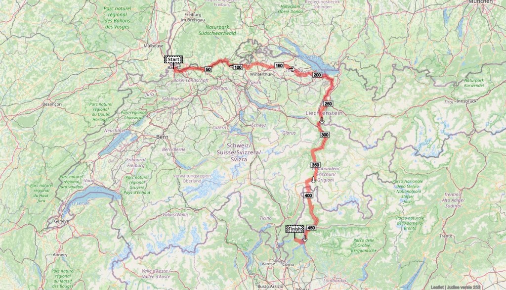Map showing a route in Switzerland with start and finish points marked, along with distance markers at intervals.