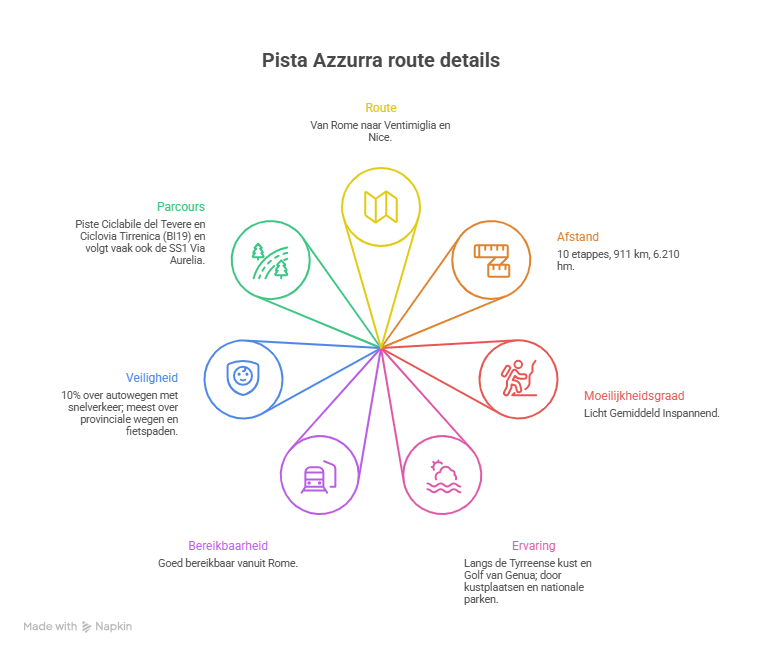Infographic detailing the Pista Azzurra cycling route from Rome to Ventimiglia and Nice, highlighting route, distance, stages, safety, difficulty, accessibility, and experience.