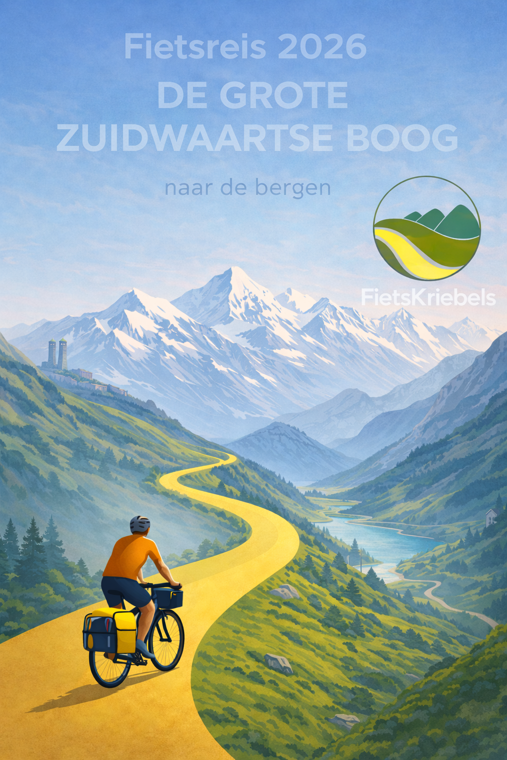 Fietsreis 2026: de grote zuidwaartse boog. Cyclist riding on a yellow winding road through green mountains towards snowy peaks with river below