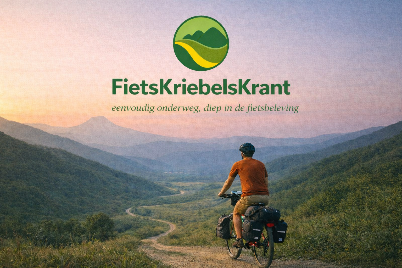 Nieuwsbrief een man op een fiets met bepakking rijdt op een pad richting de bergen. Boven de foto het logo van Fietskriebels en de tekst FietsKriebelsKrant